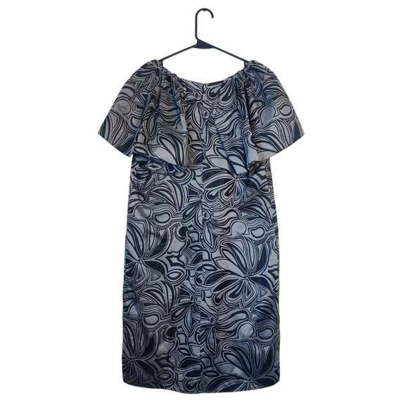 Magaschoni Silk Cotton Artsy Gray Floral Swirl Shift Dress Medium Lagenlook - Picture 2 of 11